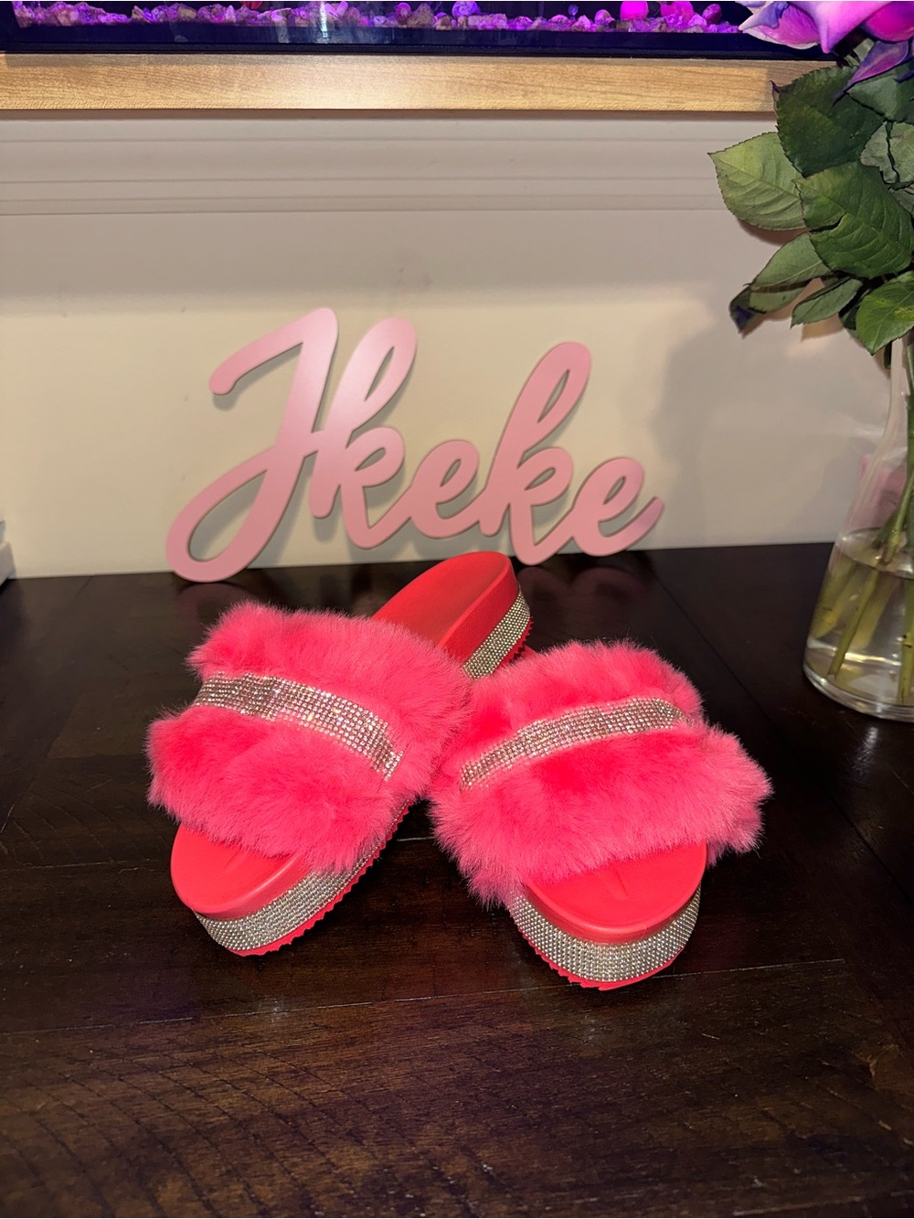 Hot Pink Faux Fur Diamond Platform Slide Sandals sizes 5, 6, 7, 9, 10